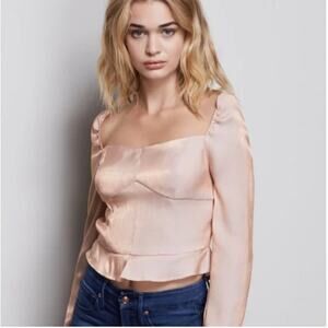 Good American Too Tempted Top Rose Gold Peplum Puff Sleeve Square Neck Blouse